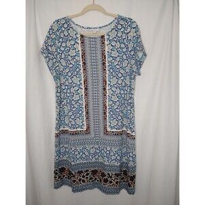 J Jill Floral Mix Print Short Sleeve Dress Size Petite Large Blue shift sheath